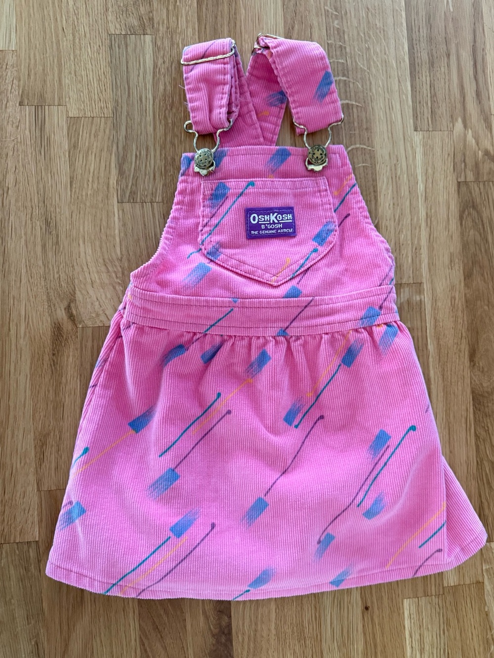 Vintage OshKosh Pink Corduroy Overall Dress with Blue & Yellow Print 2T